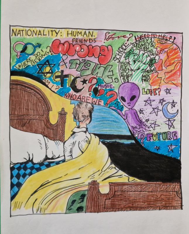 Siegerentwurf 2: Das Bild zeigt eine gezeichnete Collage in dessen Mitte ein im Bett sitzender Mensch und ein Ausserirdischer sich angucken.